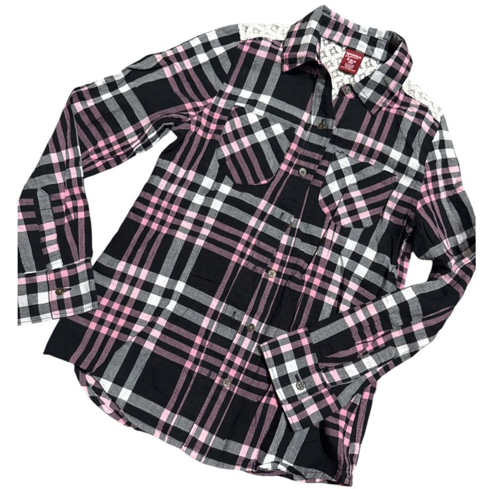 Girls Arizona Jean Company Pink and Black Button Down Shirt - Picture 3 of 6